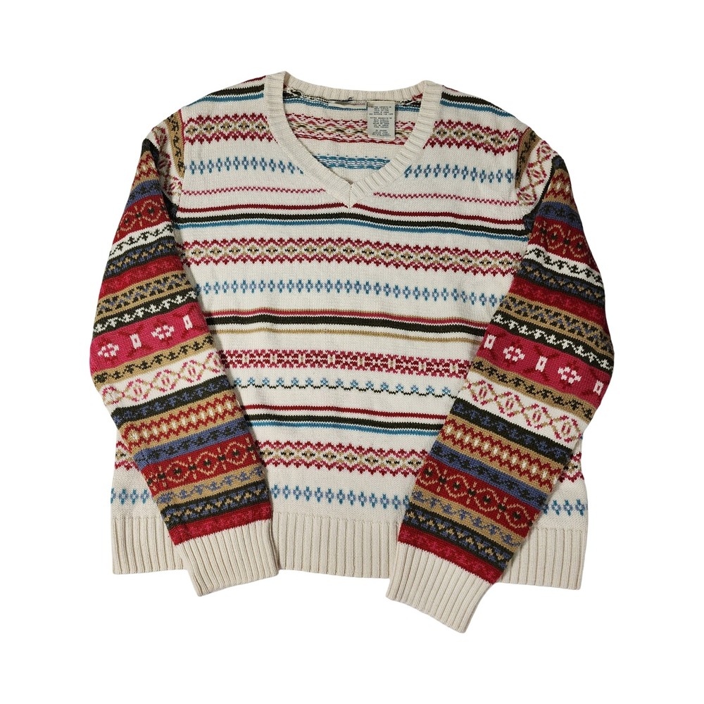 Faded Glory Womens‎ XL V-Neck Fair Isle Knit Sweater Tusk Multi Color Striped